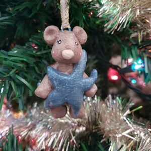 New Handmade Salt Dough Bear with Blue Star Ornament